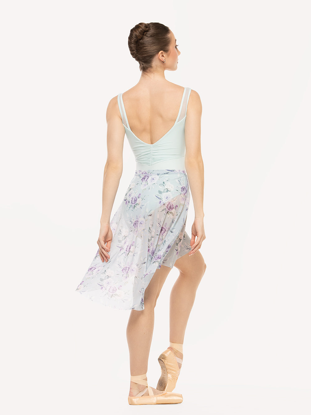 Eleve Dancewear Amora Long High-Low Skirt in Moonlit Garden Baby Blue Mesh print color, back view of dancer posing