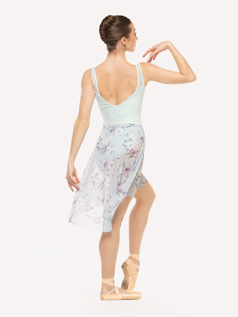 Eleve Dancewear Amora Long High-Low Skirt Kids in Moonlit Garden Baby Blue Mesh print color, back view of dancer posing