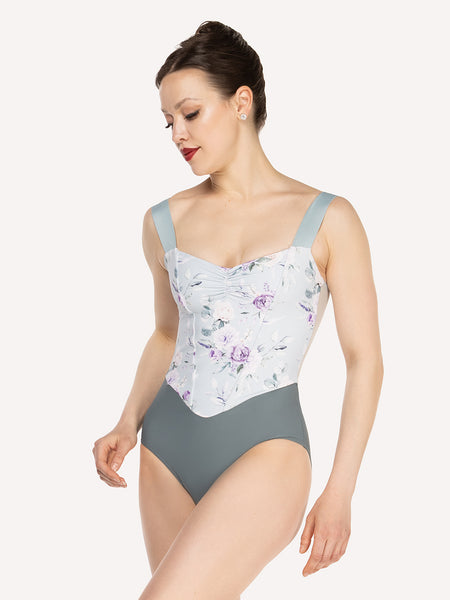Eleve Dancewear Mila Leotard in Moonlit Garden Baby Blue print color, front view