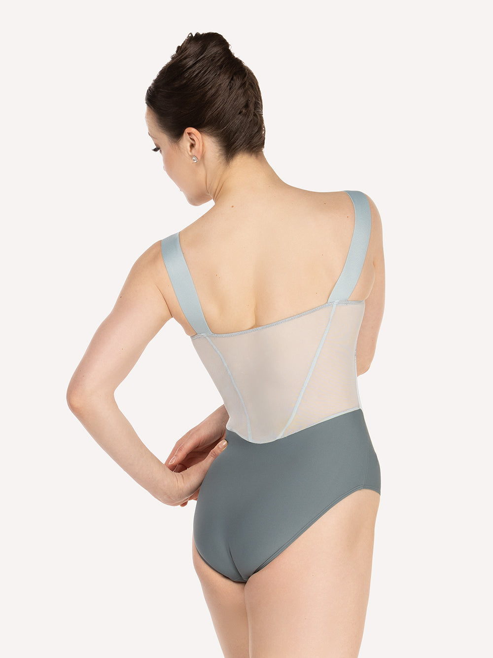Eleve Dancewear Mila Leotard in Moonlit Garden Baby Blue print color, back view