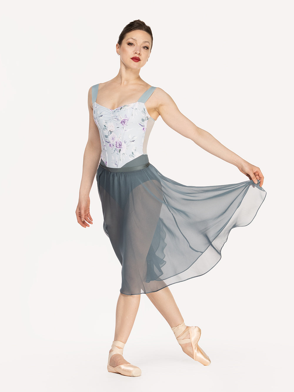 Eleve Dancewear Mila Custom Leotard in Moonlit Garden Baby Blue print color, front detail view of dancer posing