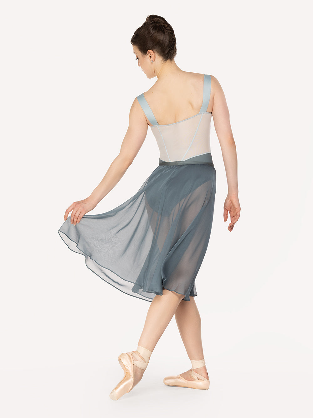 Eleve Dancewear Mila Leotard in Moonlit Garden Baby Blue print color, back view of dancer posing