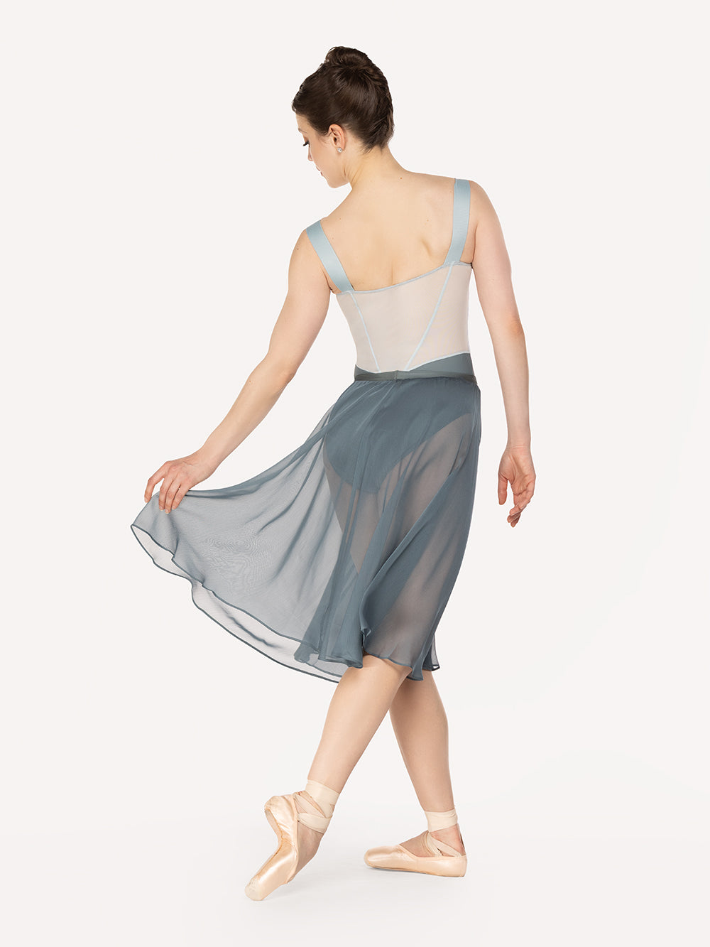 Eleve Dancewear Chiffon Rehearsal Skirt in Blue Agave print color, back view detail