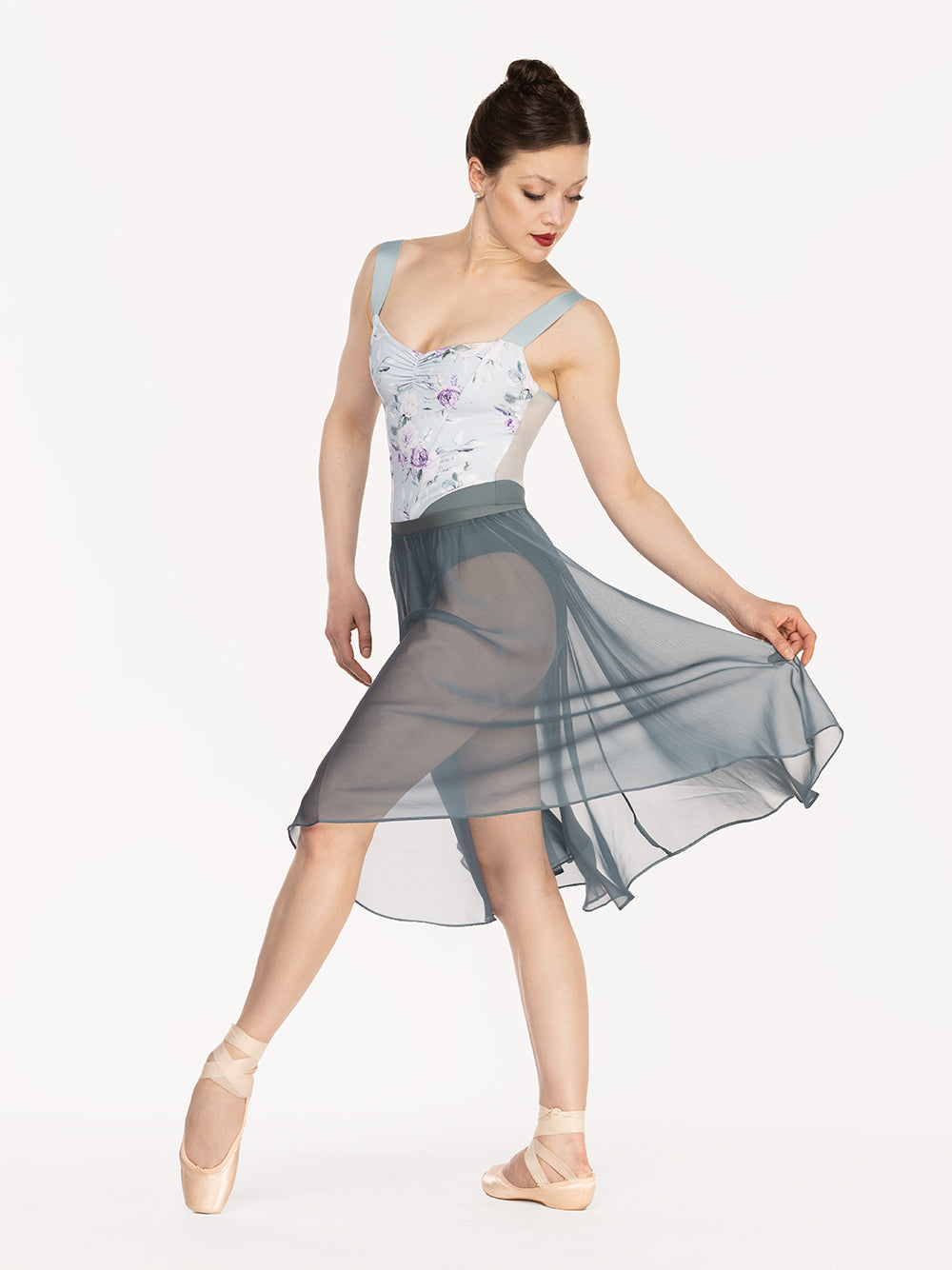 Eleve Dancewear Chiffon Rehearsal Skirt in Blue Agave print color, front view detail
