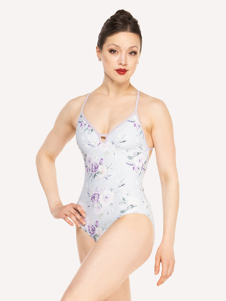 Eleve Dancewear Rachel Leotard Kids in Moonlit Garden Baby Blue print color, front view