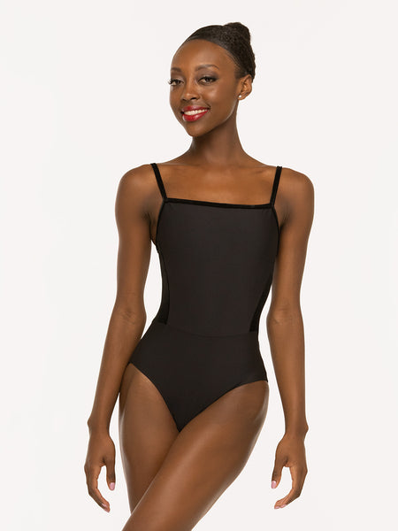 Eleve Dancewear Alana Leotard Kids in Black Velvet color, front view of model posing