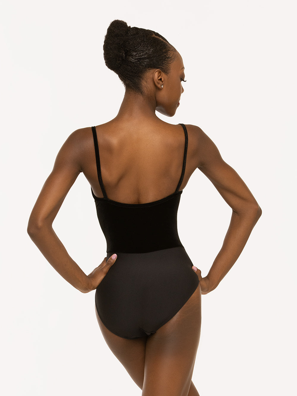 Eleve Dancewear Alana Leotard Kids in Black Velvet color, back view of model posing