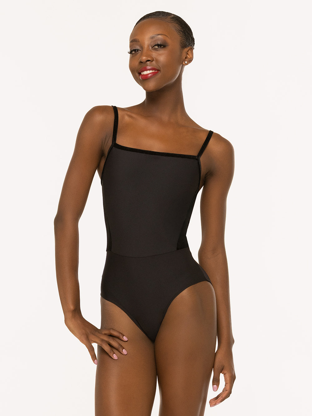 Eleve Dancewear Alana Leotard in Black Velvet color, front view of model posing