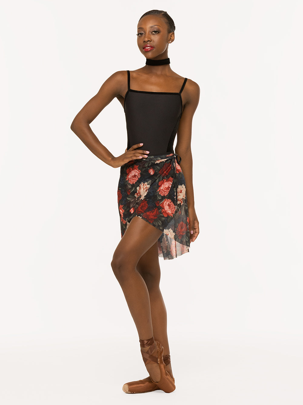 Eleve Dancewear Vienna Mid High-Low Wrap Skirt in Winter Florals Mesh print, front view