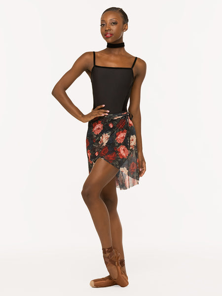 Eleve Dancewear Vienna Mid High-Low Wrap Skirt in Winter Florals Mesh print, front view