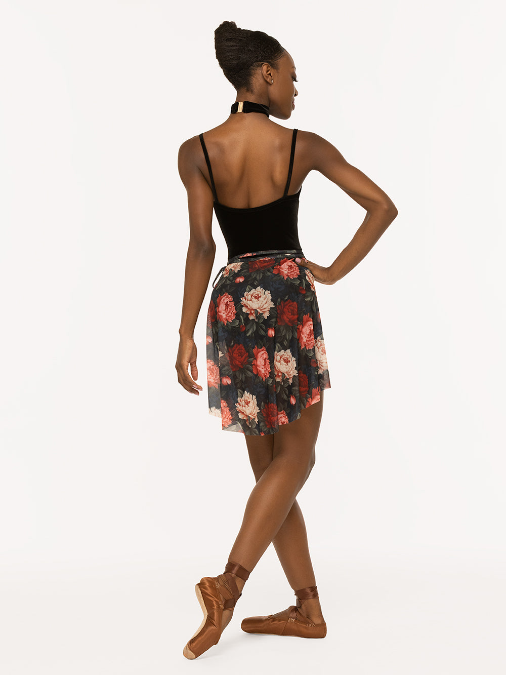 Eleve Dancewear Vienna Mid High-Low Wrap Skirt in Winter Florals Mesh print, back view