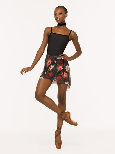 Eleve Dancewear Vienna Mid High-Low Wrap Skirt Kids in Winter Florals Mesh print, front view