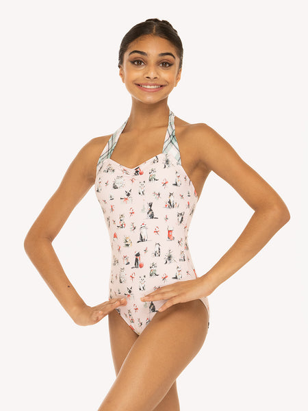 Eleve Dancewear Caitlin Leotard Kids in Christmas Cats print, front view