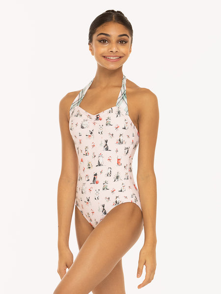 Eleve Dancewear Caitlin Leotard in Christmas Cats print, front view