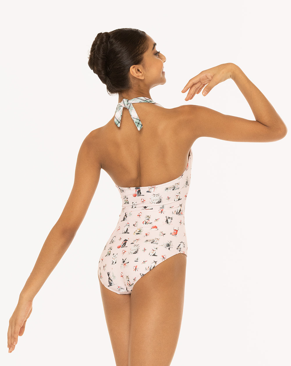 Eleve Dancewear Caitlin Leotard Kids in Christmas Cats print, back view