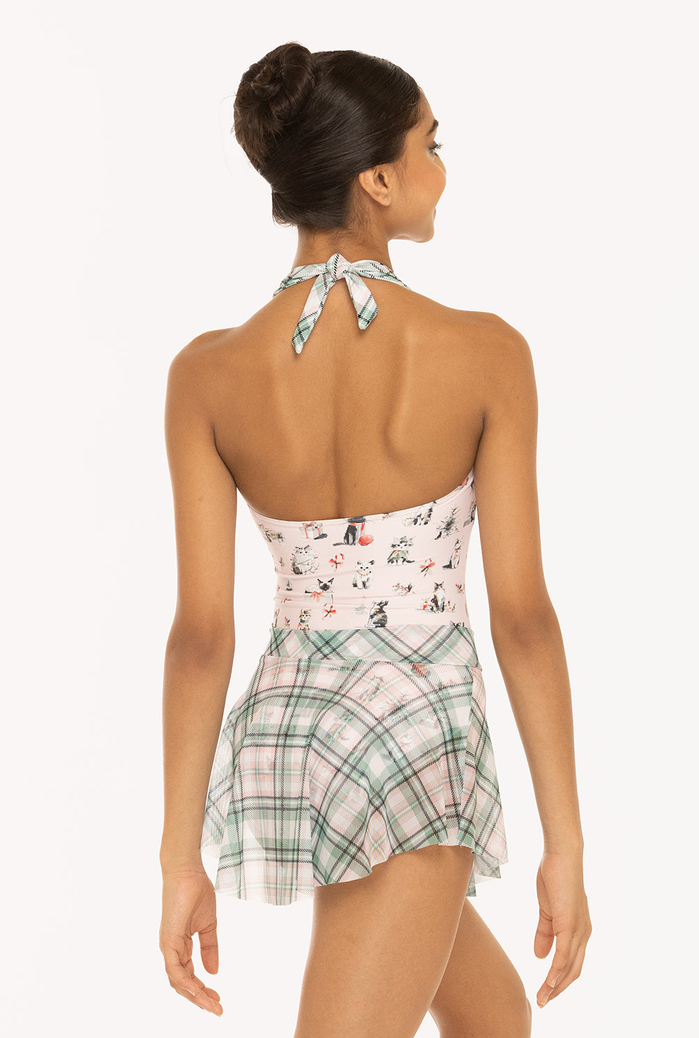 Eleve Dancewear Caitlin Leotard Kids in Christmas Cats print, detail back view