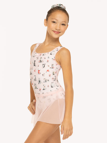 Eleve Dancewear Flare Skirt in Light Pink Mesh color, detail front view of model posing