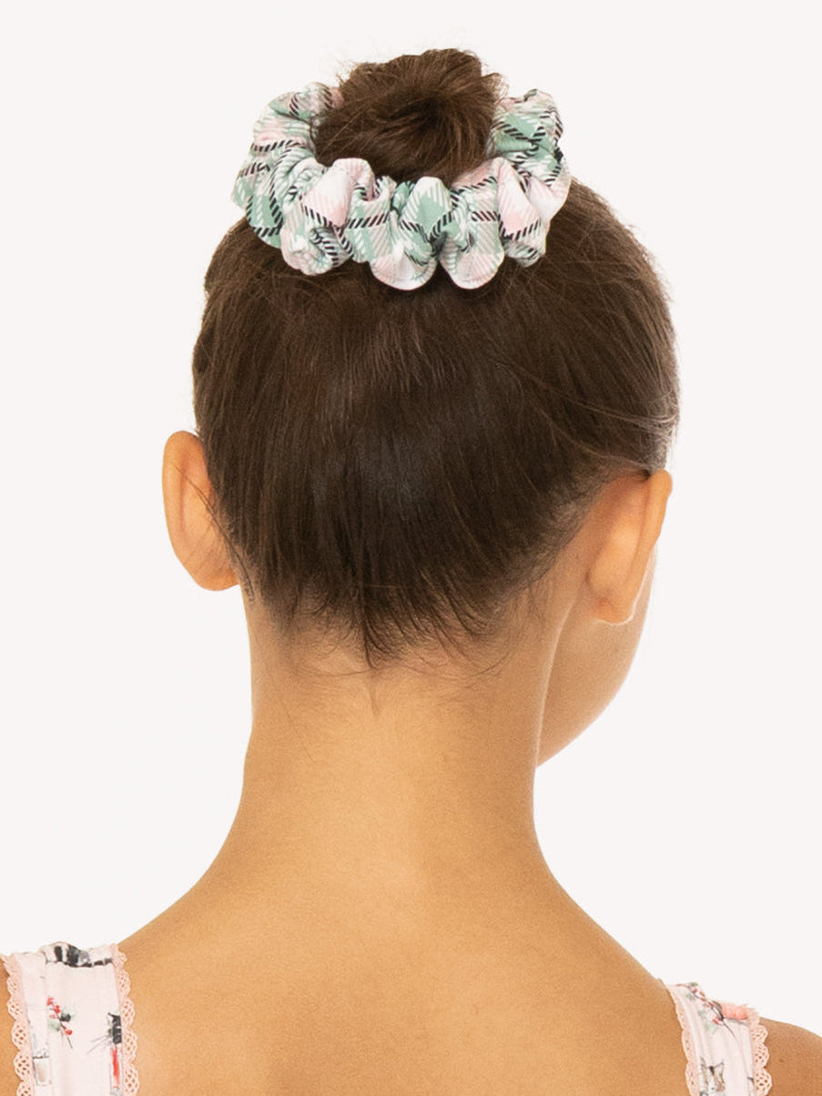 Eleve DancewearScrunchie in Pink Plaid print, back view