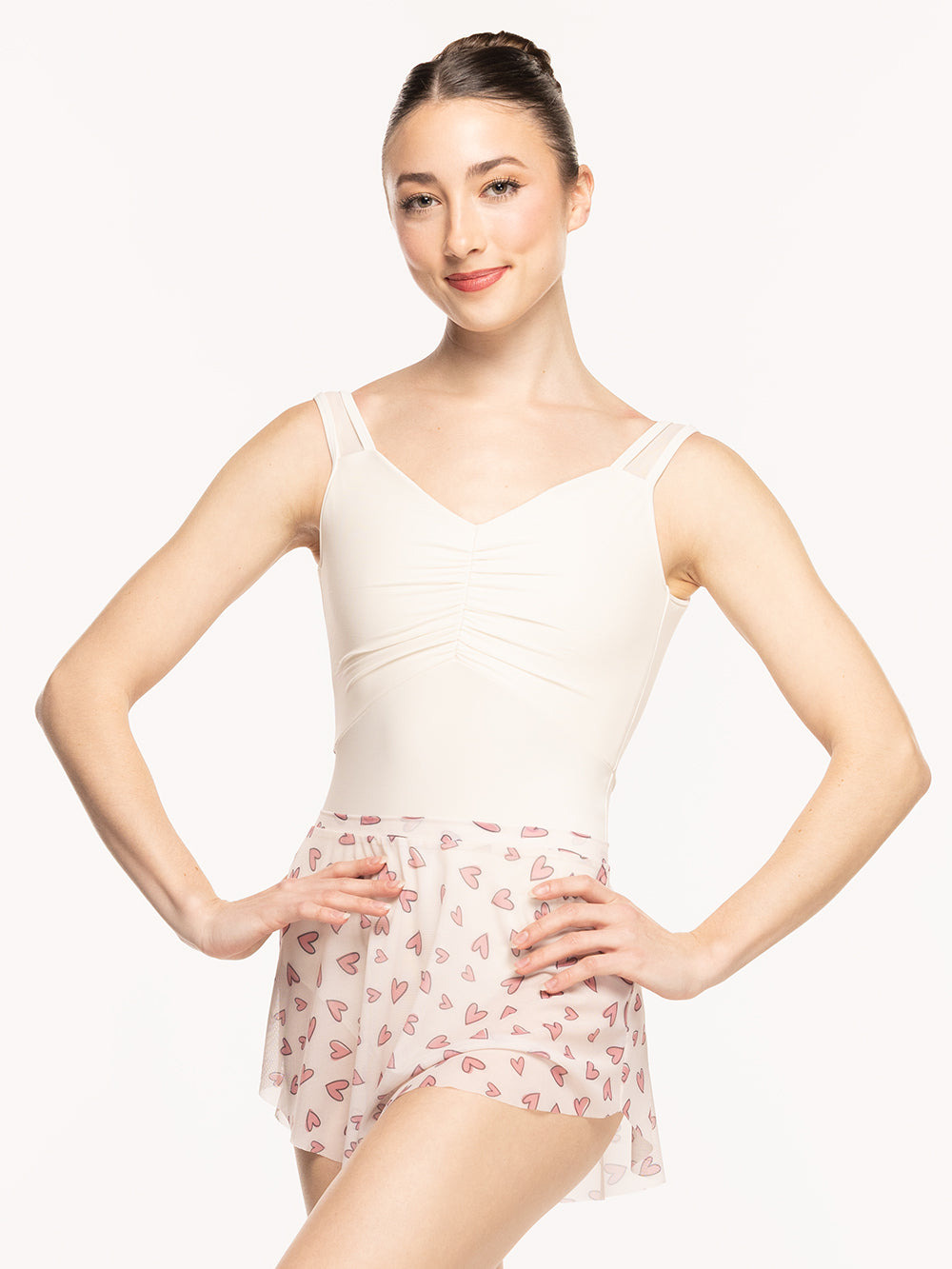 Eleve Dancewear Beatrice Leotard in Cream color, front detail view