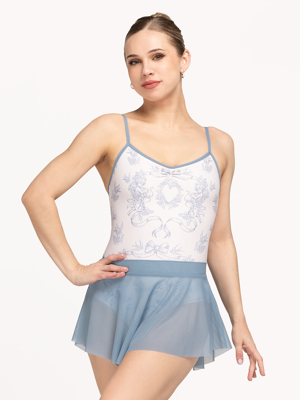 Eleve Dancewear Nolte Leotard Kids in Cupid's Arrow print, front detail view