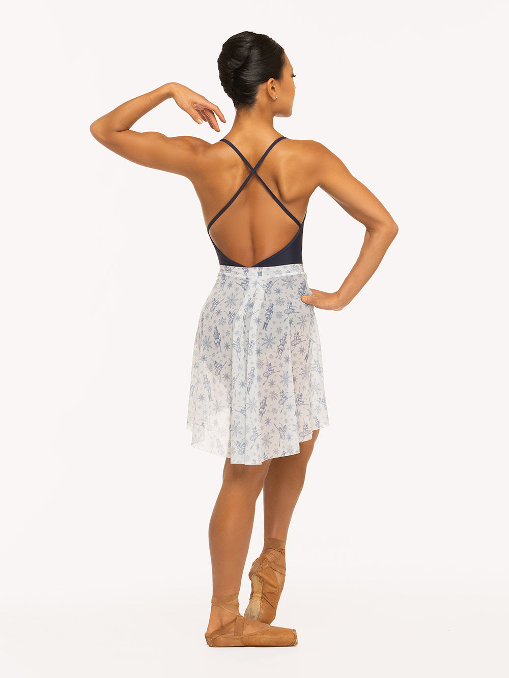 Eleve Dancewear Back Tuck Skirt in Snow Scene Mesh print, detail back view