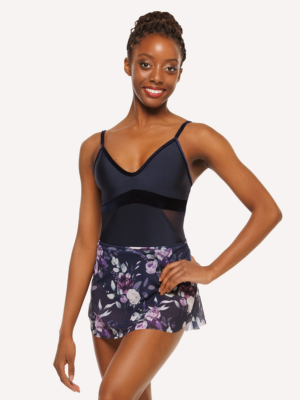 Eleve Dancewear Tulip Skirt in Moonlit Garden Eclipse Mesh print color, detail front view of dancer posing