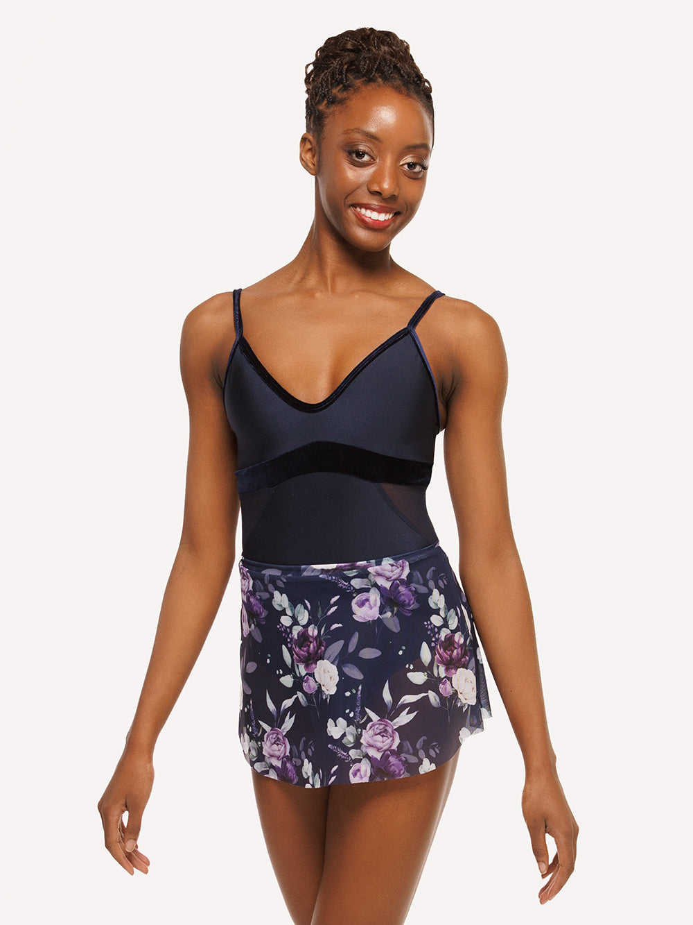 Eleve Dancewear Tulip Skirt in Moonlit Garden Eclipse Mesh print color, detail front view