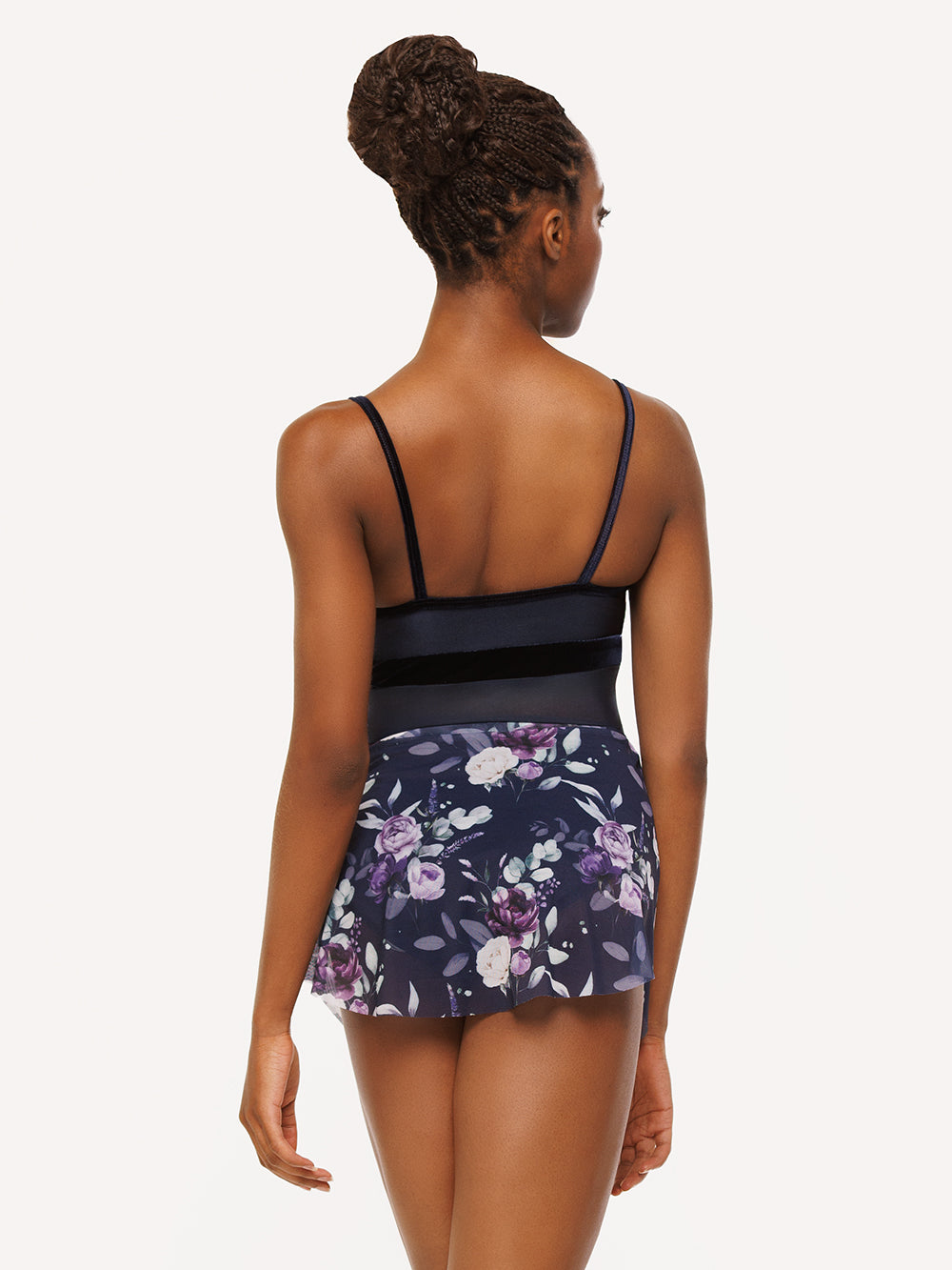 Eleve Dancewear Tulip Skirt in Moonlit Garden Eclipse Mesh print color, detail back view of dancer posing