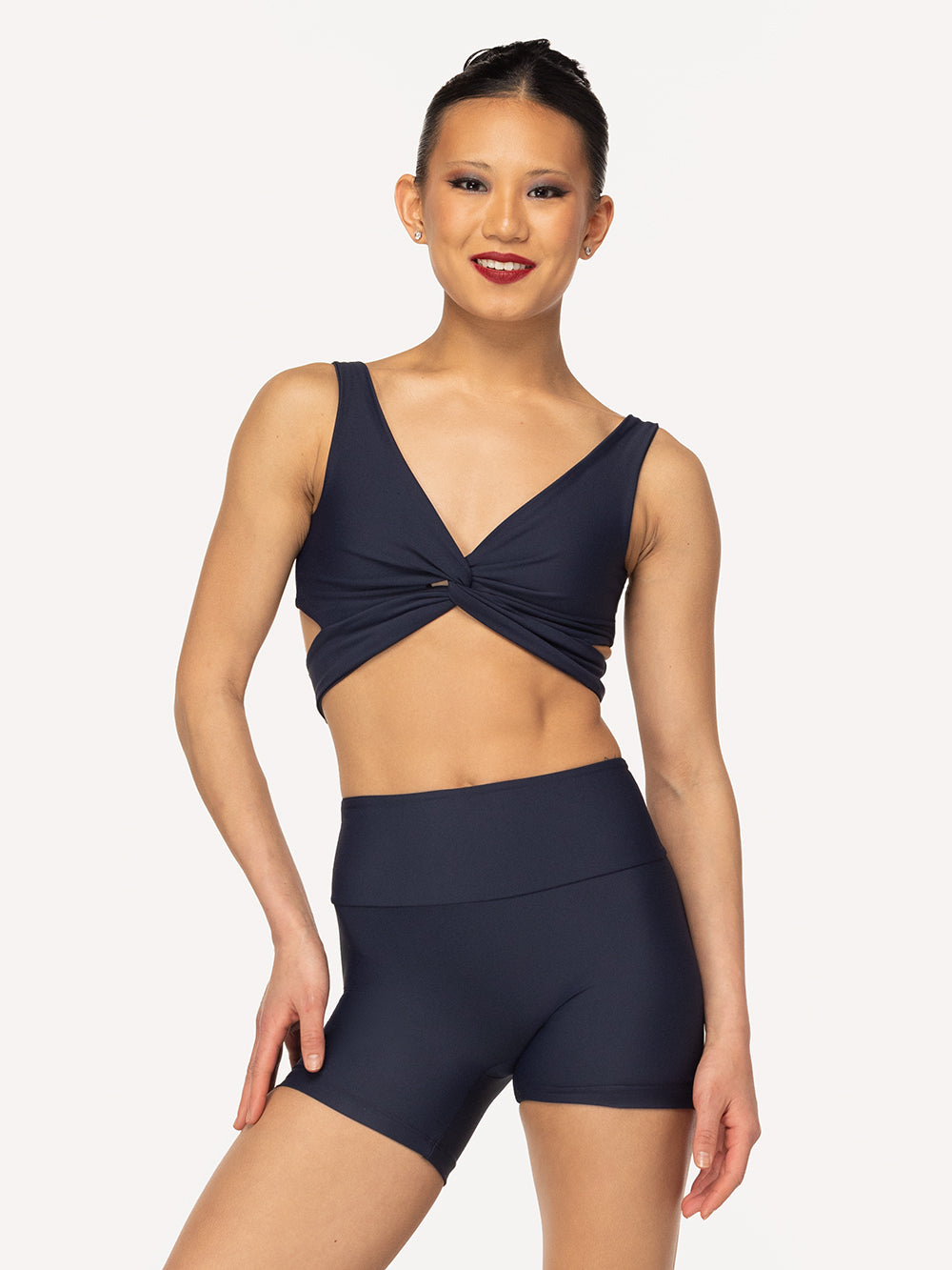 Eleve Dancewear Claire BIkeshorts in Eclipse color, front view. 