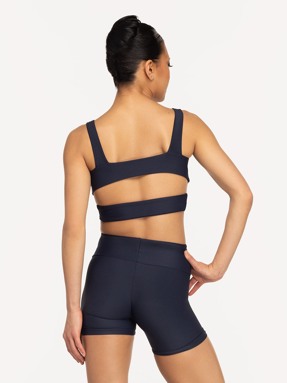 Eleve Dancewear Claire BIkeshorts in Eclipse color, back view. 