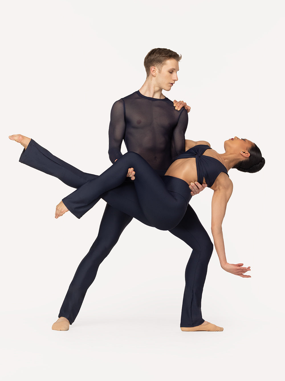 Eleve Dancewear Jackie Crop Top in Eclipse color, front view of two dancers partnering