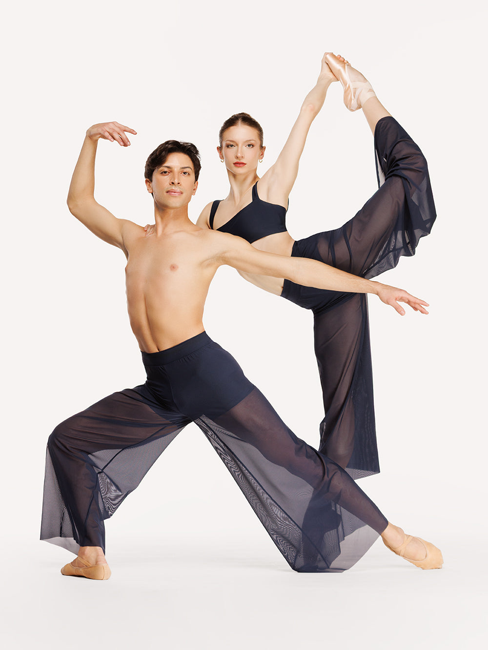 Eleve Dancewear A-Line Pants in Eclipse Mesh color, front view of two dancers posing