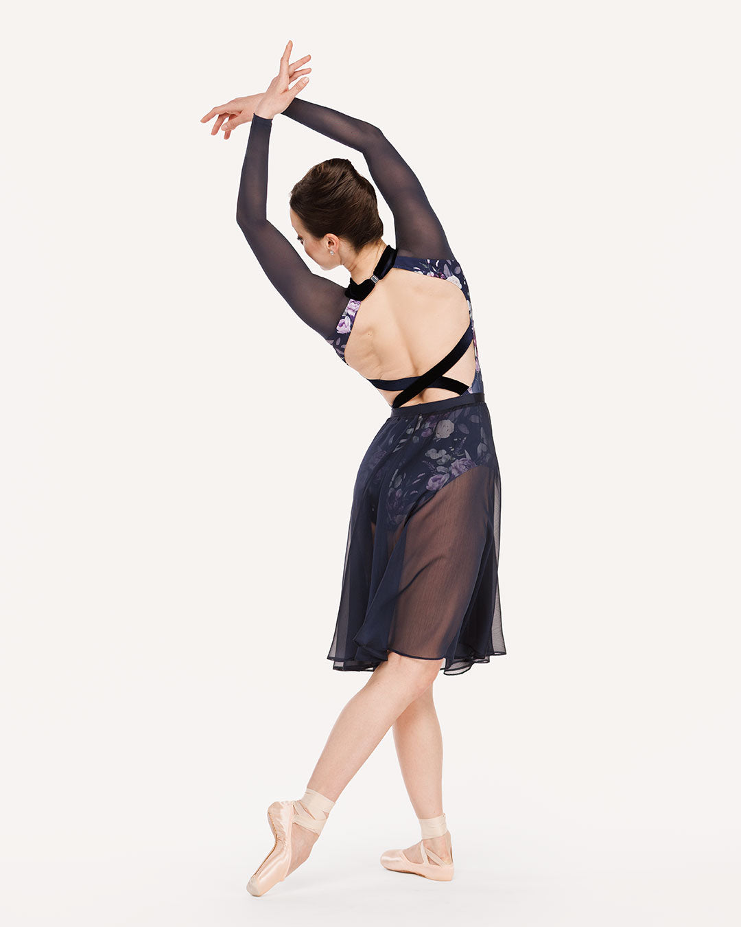 Eleve Dancewear Ivy Leotard Kids in Moonlit Garden Eclipse print color, back detail view of dancer posing