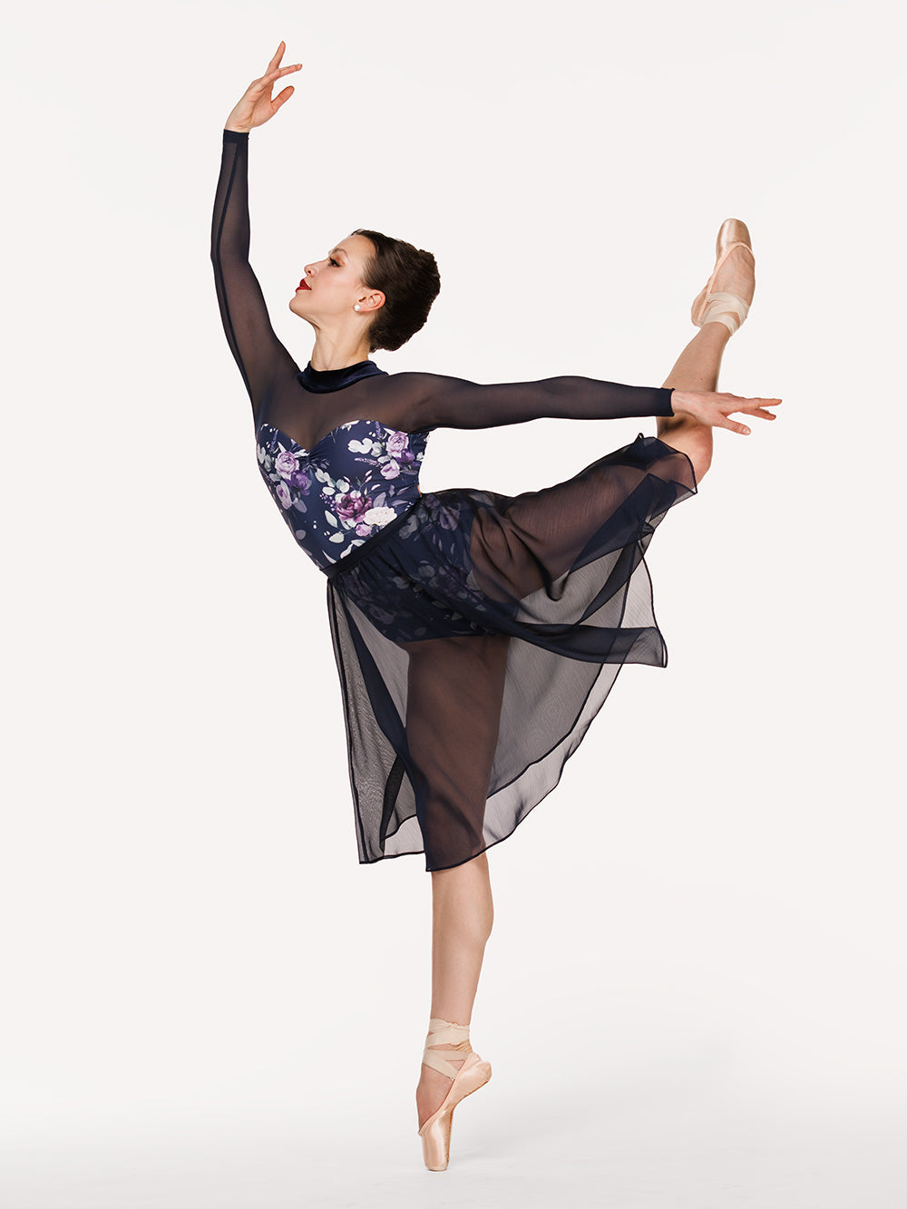 Eleve Dancewear Ivy Leotard Kids in Moonlit Garden Eclipse print color, front view of dancer on pique attitude efface
