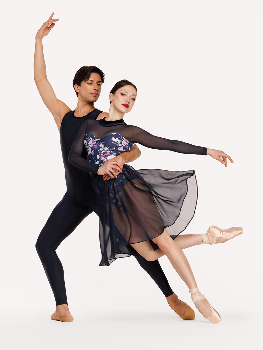 Eleve Dancewear Chiffon Rehearsal Skirt in Eclipse color, front view of two dancers posing on a leaning position
