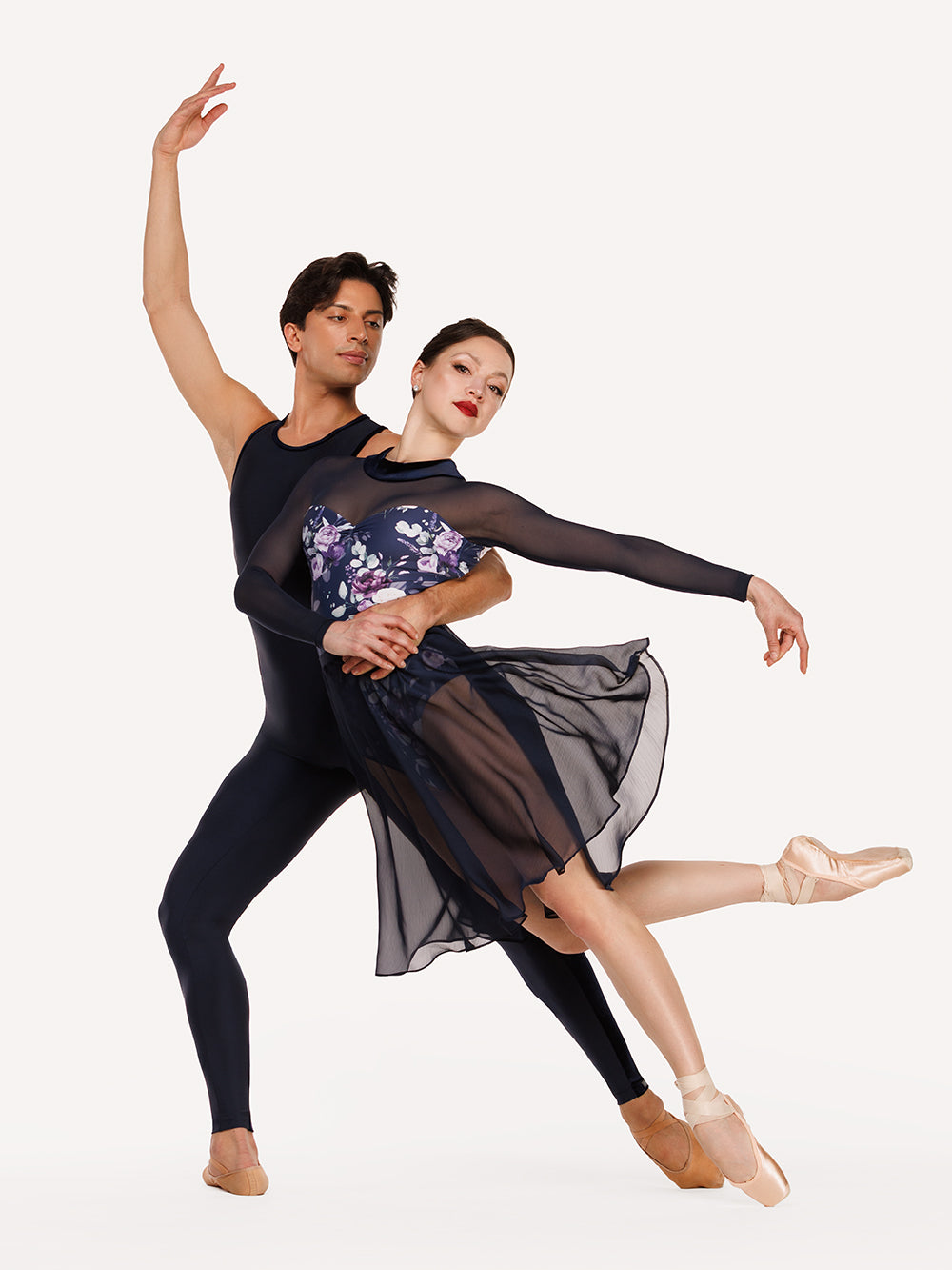 Eleve Dancewear Ivy Leotard in Moonlit Garden Eclipse print color, front detail view of two dancers posing