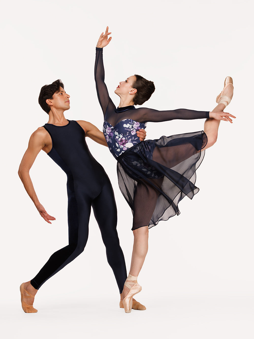 Eleve Dancewear Chiffon Rehearsal Skirt Kids in Eclipse color, front view of two dancers on pique attitude