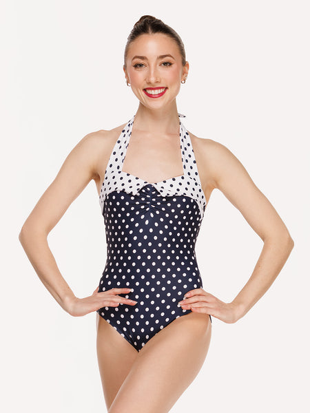 Eleve Dancewear Caitlin Leotard Kids in Eclipse Polka Dot print color, detail front view