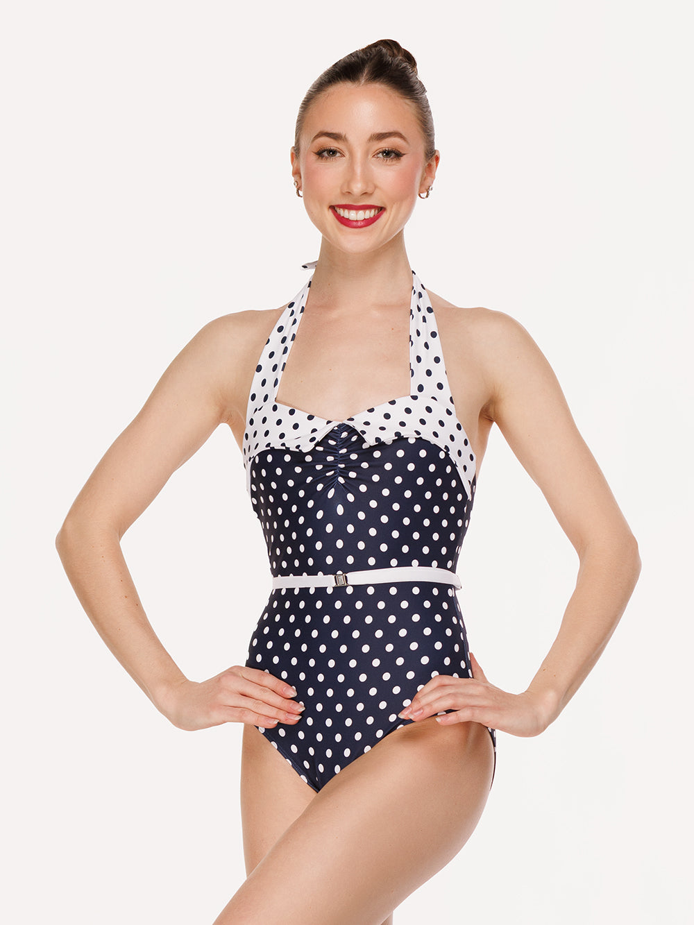 Eleve Dancewear Caitlin Leotard in Eclipse Polka Dot print color, detail front view