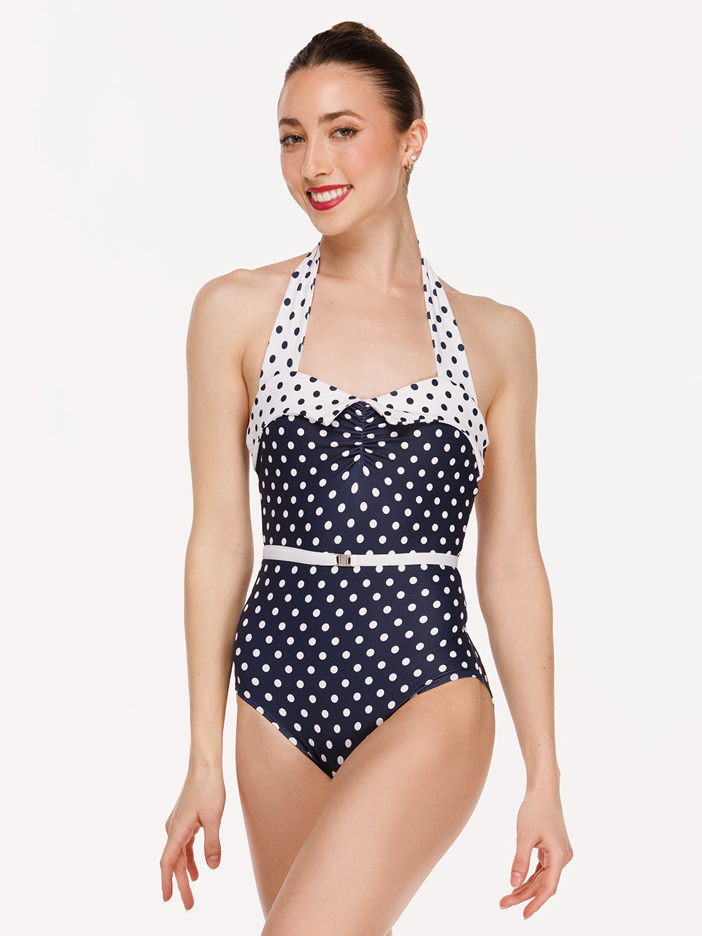 Eleve Dancewear Caitlin Leotard Kids in Eclipse Polka Dot print color, front view