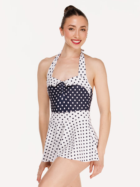 Eleve Dancewear Flare Skirt in White Polka Dot print color, front view