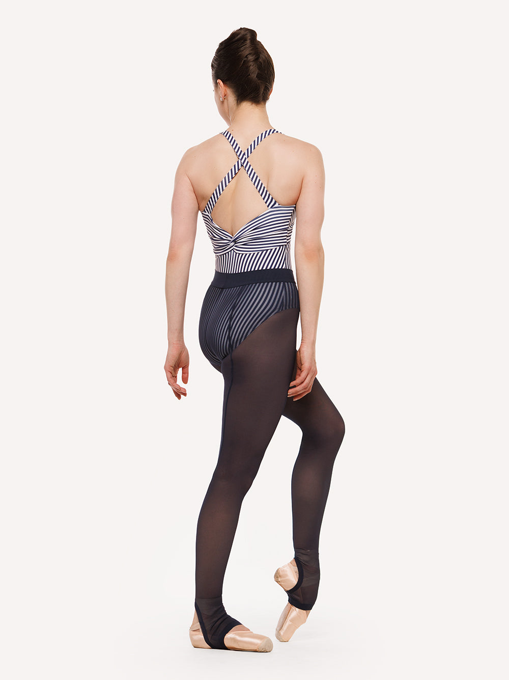 Eleve Dancewear Stirrup Back Seam Tights in Eclipse Mesh color, back detail view of dancer posing