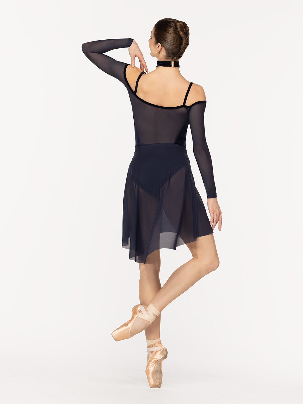 Eleve Dancewear Long High Low Skirt in Eclipse color, back view of dancer on cou-de-pie on point