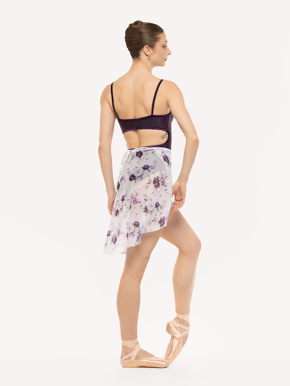 Eleve Dancewear Vienna Mid High-Low Wrap Skirt in Moonlit Garden Mesh print color, full body profile view