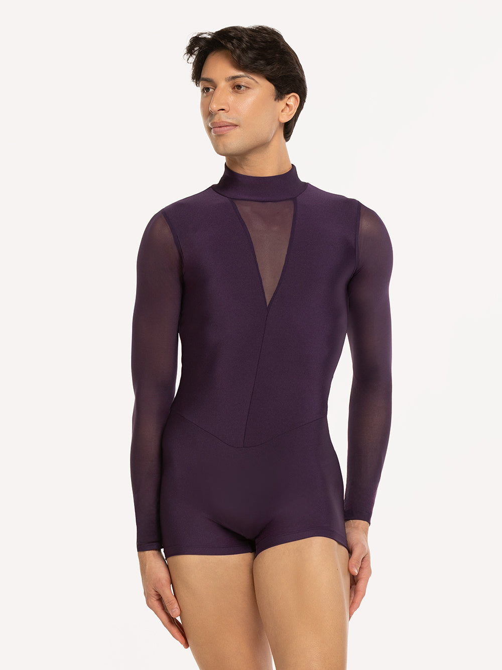 Eleve Dancewear Luke Biketard in Eggplant color, front view