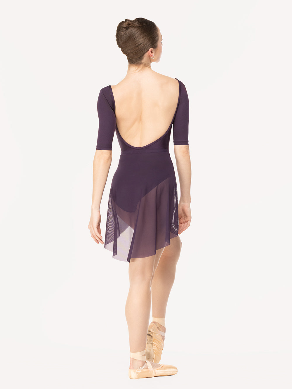 Eleve Dancewear Stella Leotard in Eggplant print color, back view detail of dancer posing