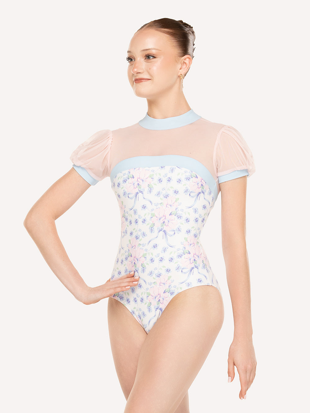 Eleve Dancewear Grace Leotard Kids in Encore print, front view detail