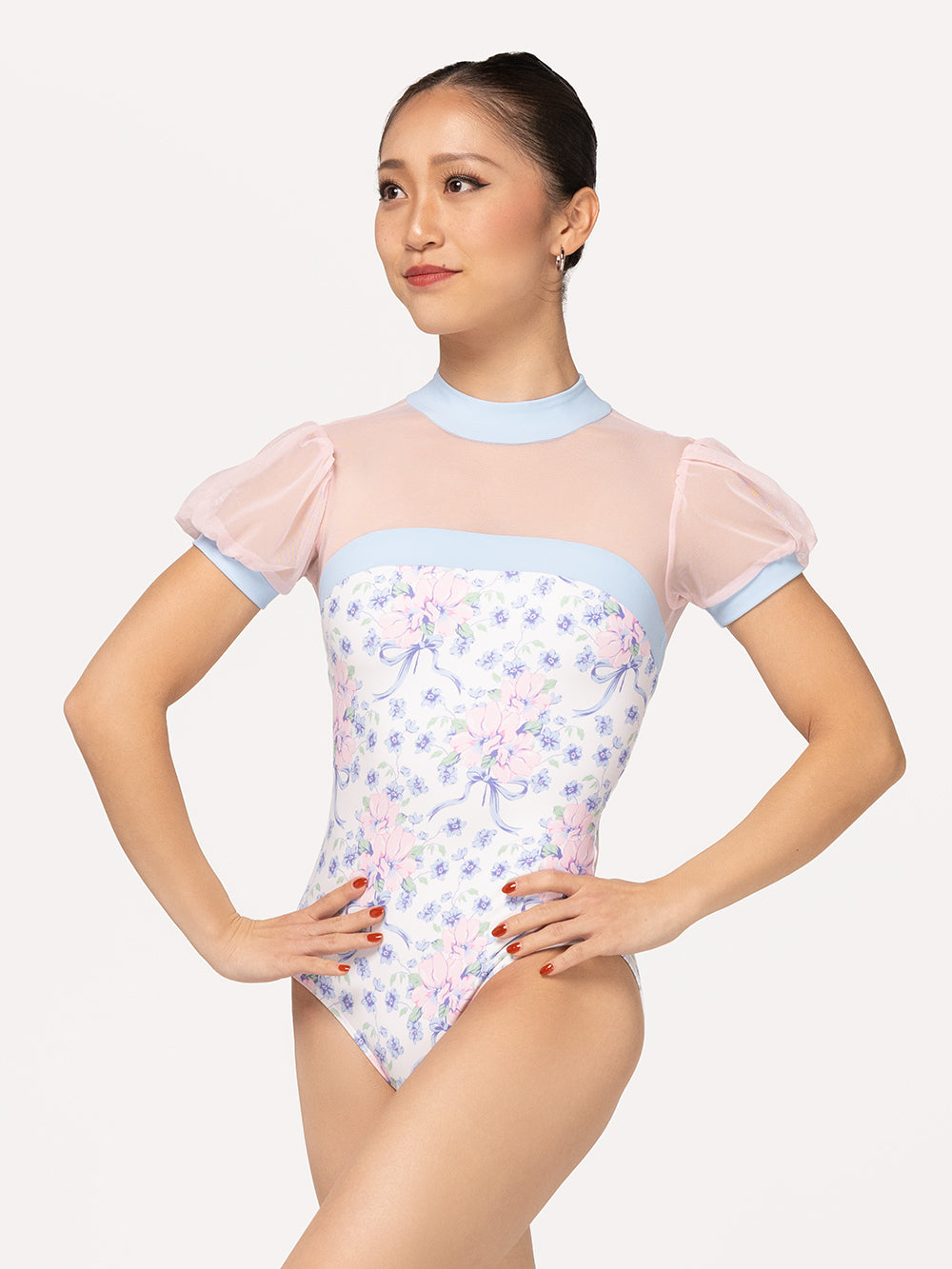 Eleve Dancewear Grace Leotard in Encore print, front detail view