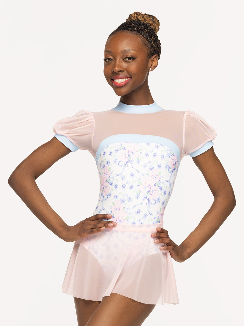 Eleve Dancewear Grace Leotard in Encore print, detail front view