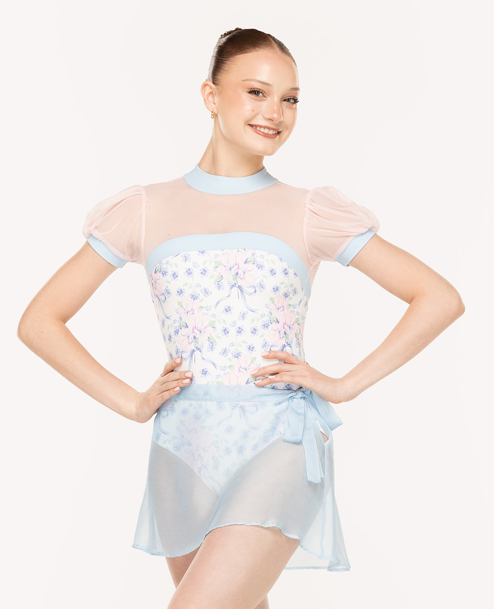 Eleve Dancewear Grace Leotard and Chiffon Mini Tie Skirt Kids in Encore print, front view of dancer posing